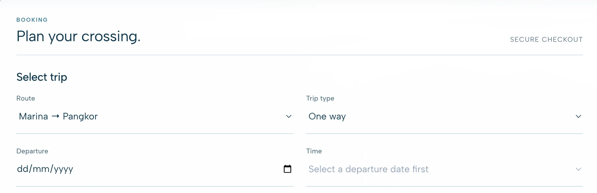 Booking screen for choosing the route and departure